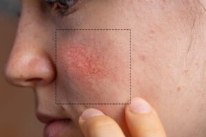 Primer plano de una mujer con rosácea facial, ilustrando los síntomas comunes de la afección